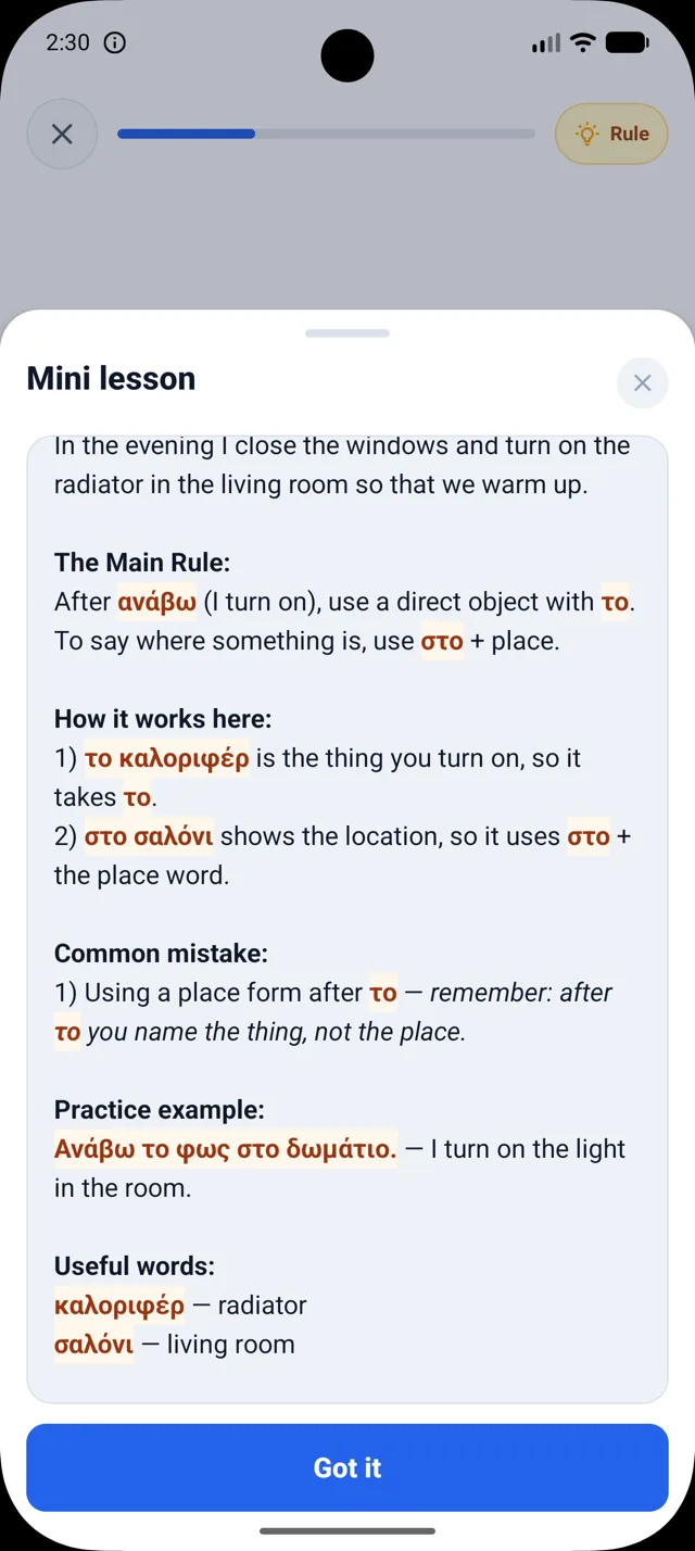 Real DuoNiche mini lesson sheet in English explaining a Greek answer.