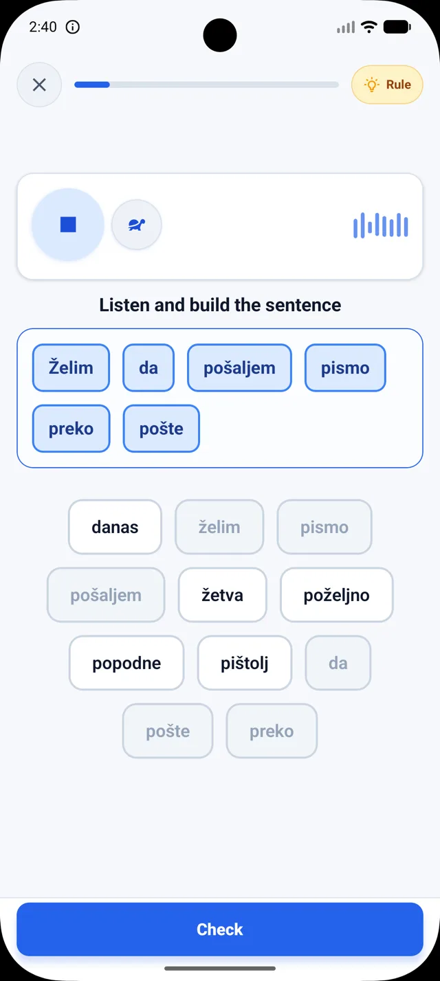 Real DuoNiche listening and phrase-building exercise in English UI for a Serbian practice session.