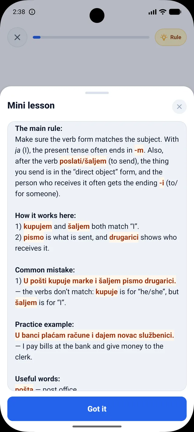Real DuoNiche mini lesson sheet in English explaining a Serbian answer.