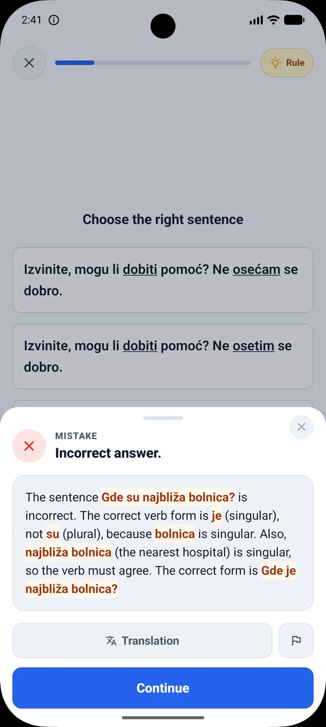 Real DuoNiche feedback screen in English UI after a Serbian exercise.