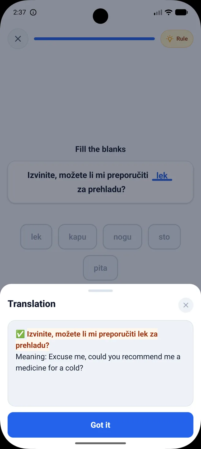 Real DuoNiche translation screen inside a Serbian learning session.